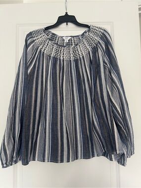 Crown & Ivy  Brand Blue Striped Smocked Neck Peasant Top